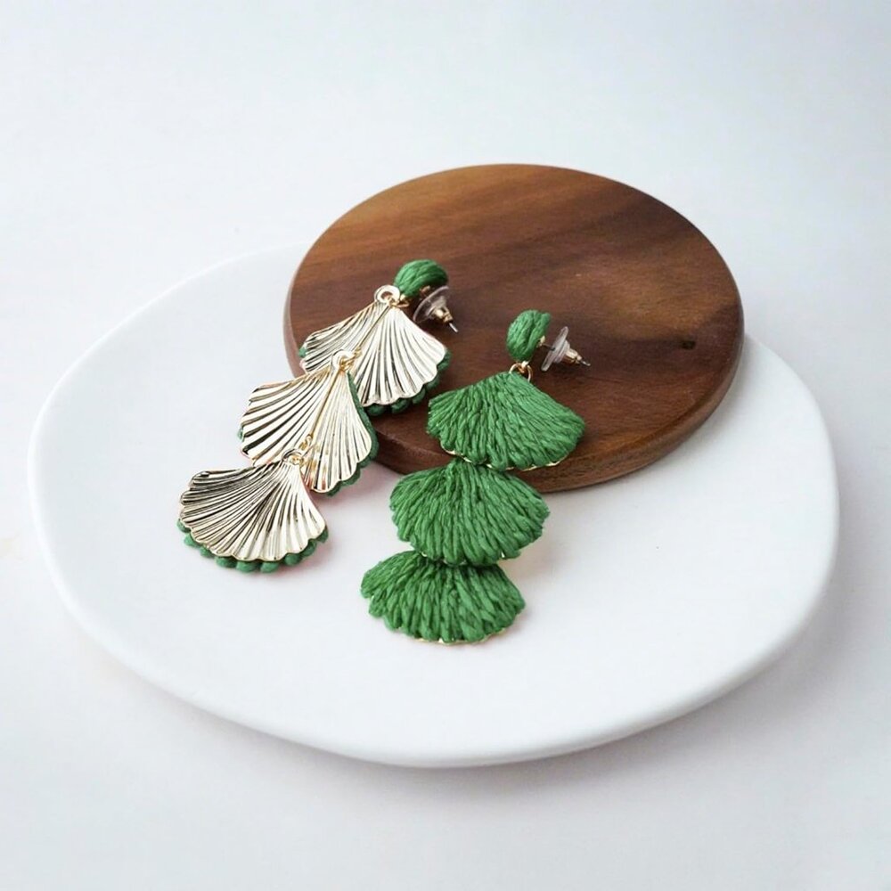 Green Raffia Shell Dangle Earrings - Boho Summer … - image 4